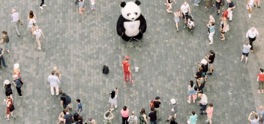 Persone diverse in una piazza viste dall’alto, simbolo della comune condizione umana e del desiderio condiviso di felicità